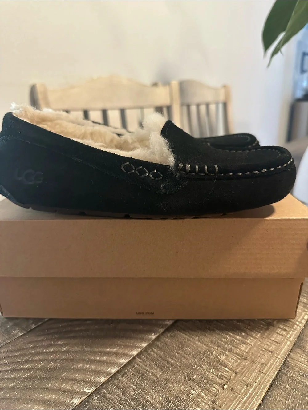 UGG Kids Black Suede Shearling Moccasin Slipper